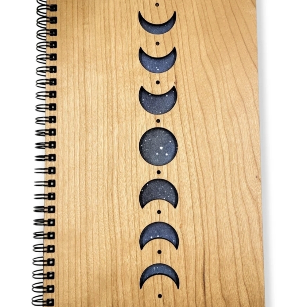 Wooden Spiral Notebook with Moon Phases Design